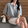 New Arrivals Open Run Women OverfiT Color Collar ShorT Sleeve Crop T shirT Solid
