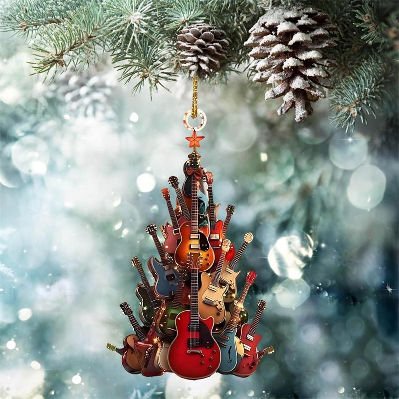 Rockin' Around The Guitar Kerstboom Ornament 2D Plat Stapelbare Rock Gitaar Kerstboom Ornamenten Acryl Gitaar