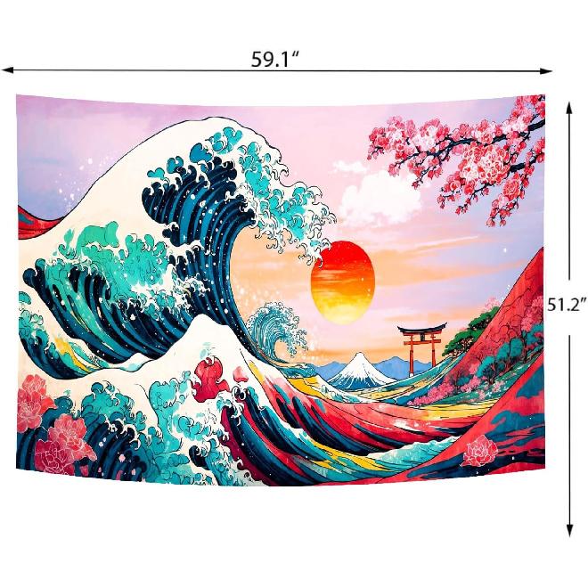 Delur Great Wave Tapestry Japanese Sunset Ocean Sea Wave Off Kanagawa Tapestry Wall Hanging Vintage Asian Anime Cherry Blossom Nature Headboard for