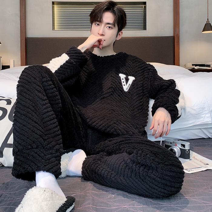 Men's Winter Coral Fleece Pajamas: Outdoor Wearable, Thickened Flannel, One-Piece Home Clothing
