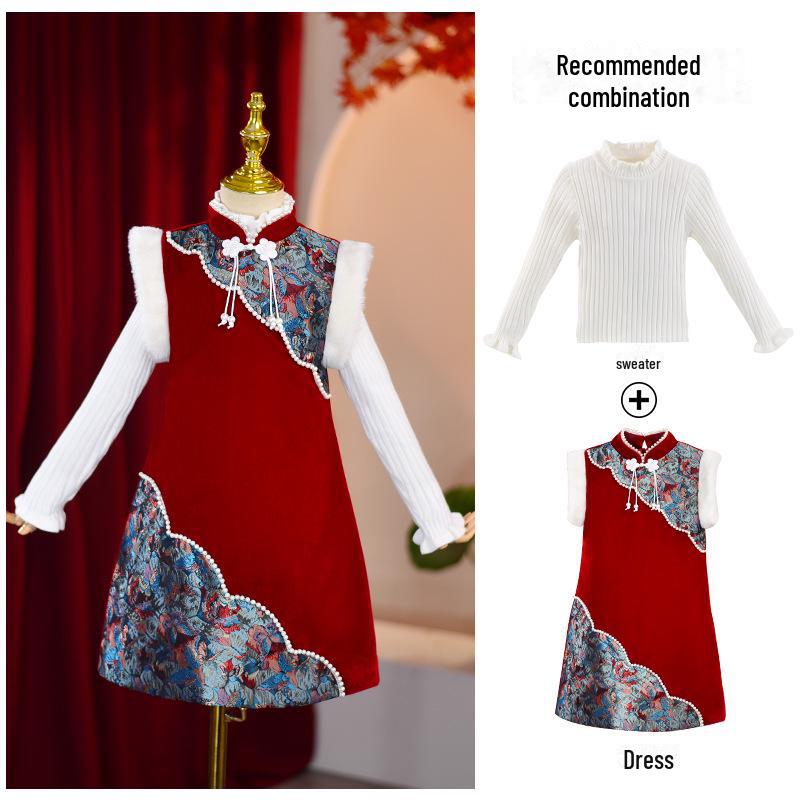 

Зимнее плюшевое платье-ципао для девочек - теплая юбка принцессы в стиле ханьфу для маленьких и средних детей 130cm