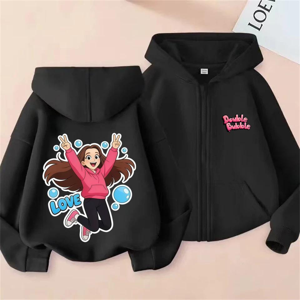 Cartoon Print Hoodie for Girls, Spring/Autumn Casual Breathable Hooded Cardigan Top Outerwear