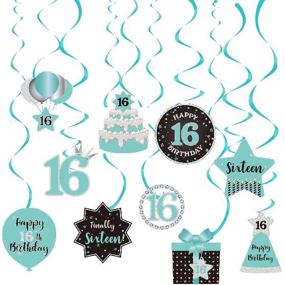Happy 16th Birthday Party Hanging Swirls Streams Ceiling Decorations, Celebration Sweet 16 Foil Hanging Swirls with Cutouts for 16 Years Teal Silver
