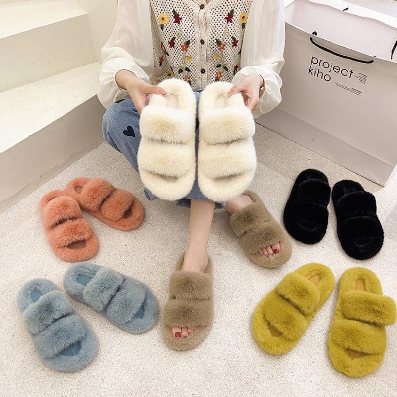 Autumn and winter new double with fluff mop outer wear fashion casual women's one-word cotton slippers flat bottom home plush slippers