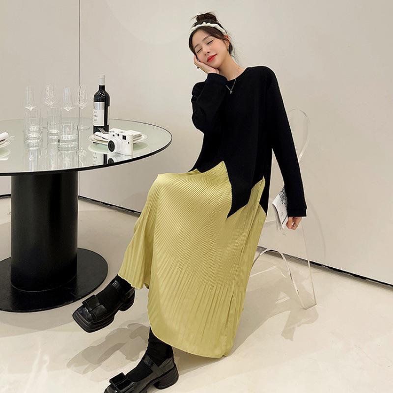 2023 Autumn/Winter Plus Size Patchwork Pleated Long Sleeve Dress for Women