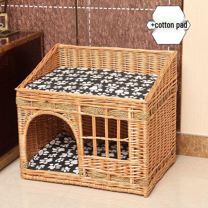 Four Seasons Universal Cat House – Enclosed Rattan Weaving Villa for Cats