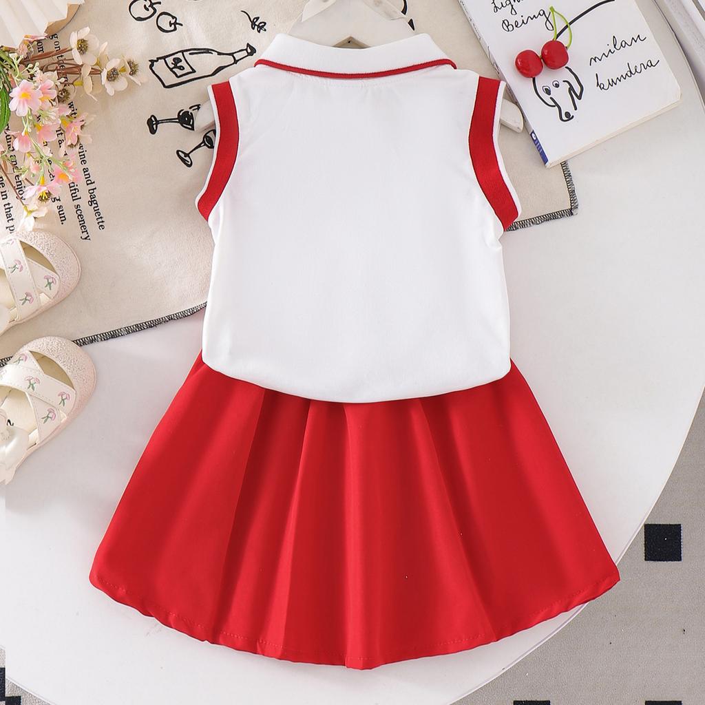 Girls' College-Style Polo Set: Summer Children's Cherry Sleeveless Top + Pleated Skirt Two-Piece Set