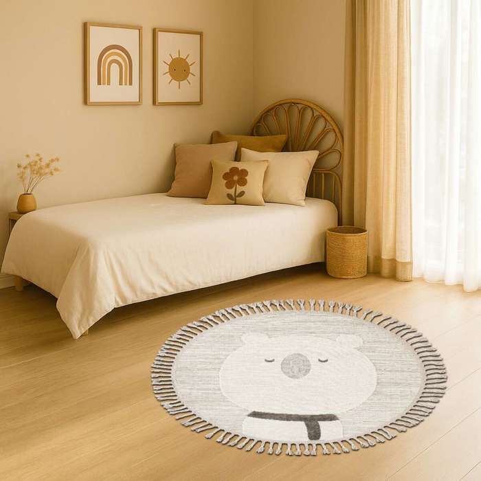 Tapis salon rond enfant doux texturé ours blanc 130x130