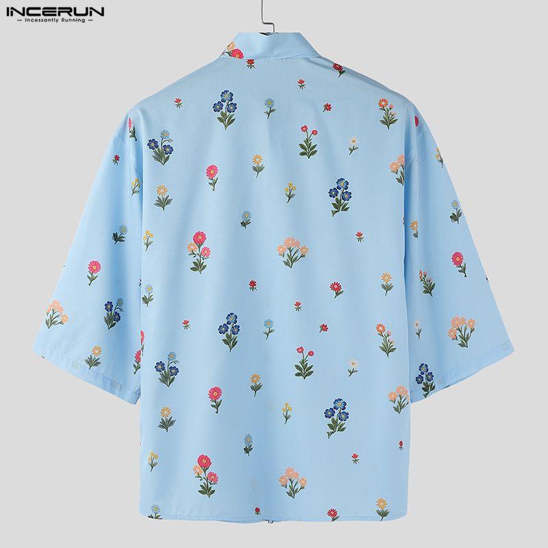 INCERUN Men Lapel Neck Short Sleeve Floral Print Lace-up Casual Hawaiian Summer Shirts