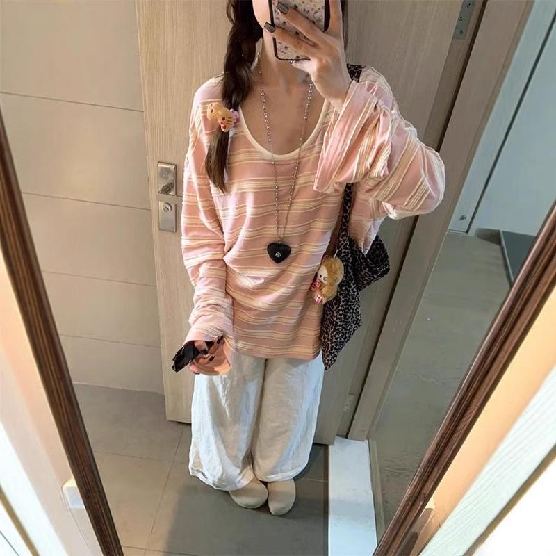 Women's Relaxed Color Block Striped Long Sleeve T-Shirt - Spring 2025 Loose Chic Style