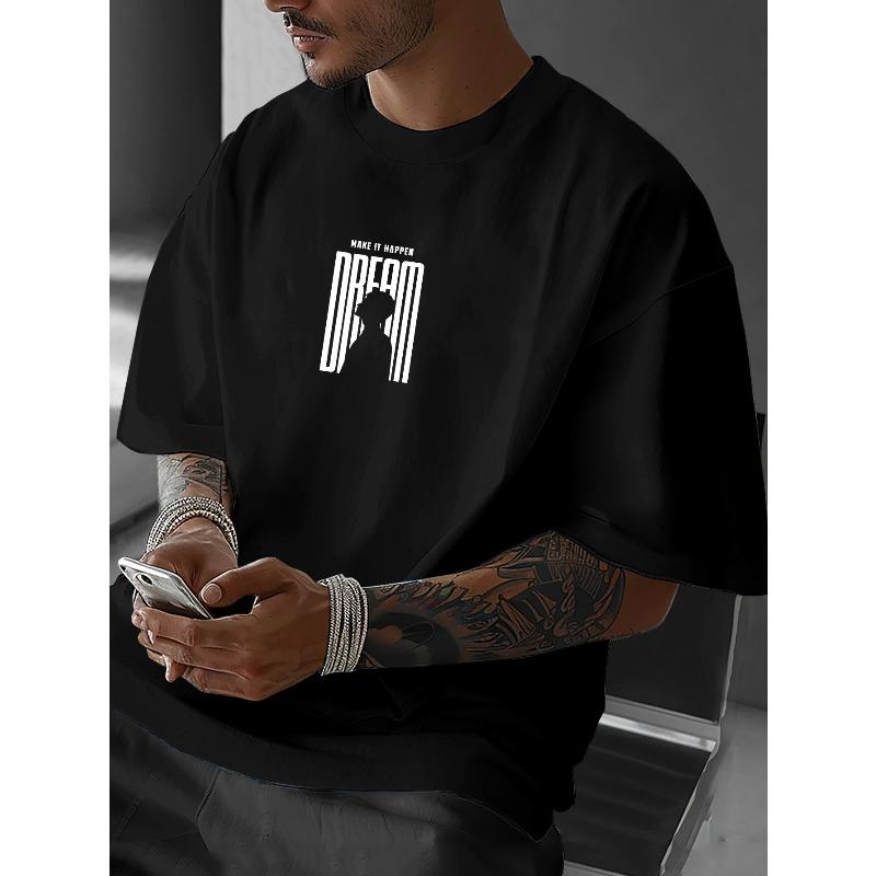 European Sizes Men'S Inspirational "DREAM" Graphic T-Shirt - Casual Loose Fit, Breathable Summer Tee with Drop Shoulder Design
