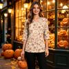 Women's Casual V-Neck Scrub Top with Pockets and Side Slits, 3/4 Sleeve Halloween Print
