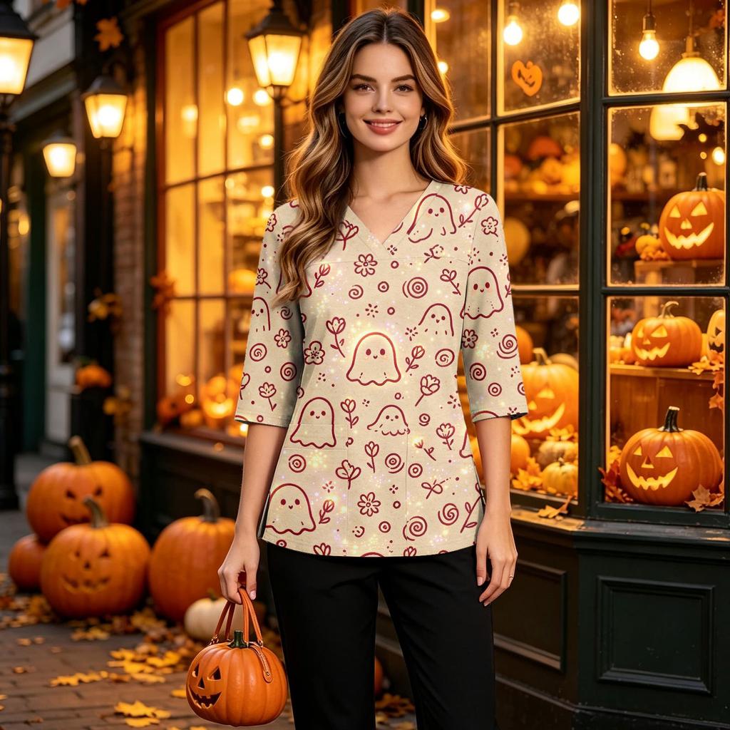 Women's Casual V-Neck Scrub Top with Pockets and Side Slits, 3/4 Sleeve Halloween Print