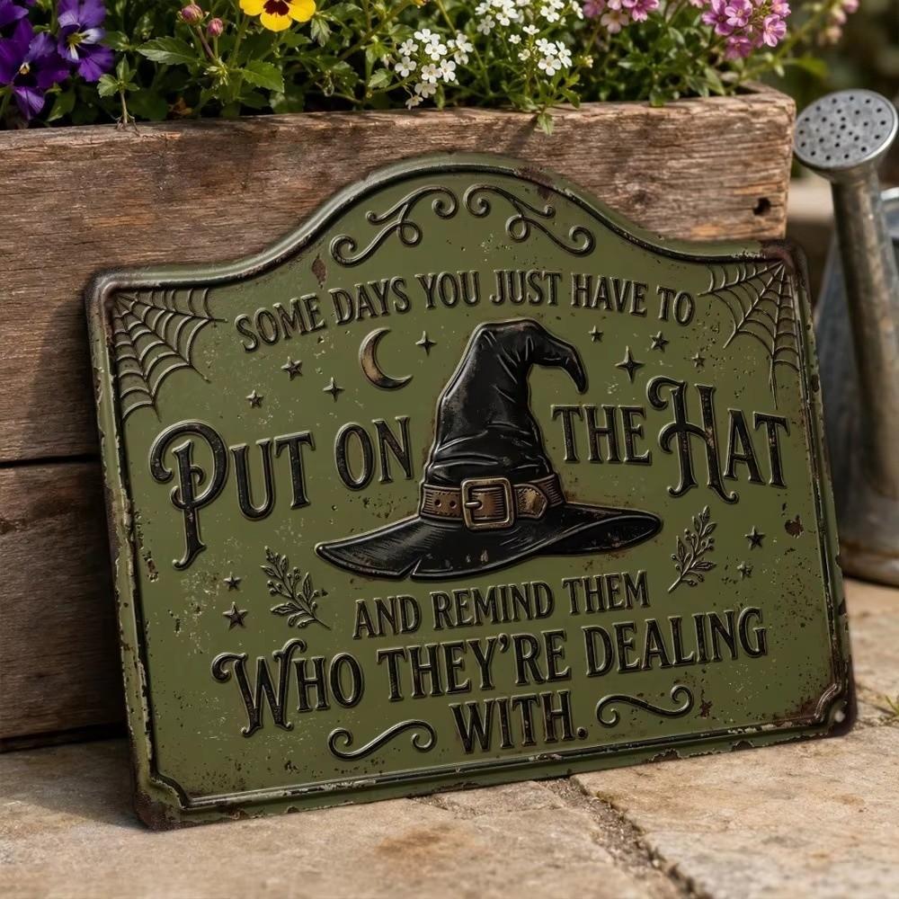 Vintage Witch Hat Sign 2D Flat Printing Retro Wall Art Sign Witch Hat Plaque Halloween Decoration