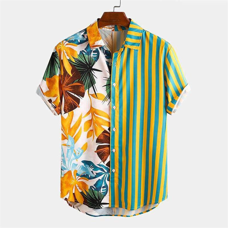 Men s 3D Printed Hawaiian Shirt Summer Tropical Stripe Leaves Short Sleeve Button Down Shirt Casual Loose Fit Beachwear S