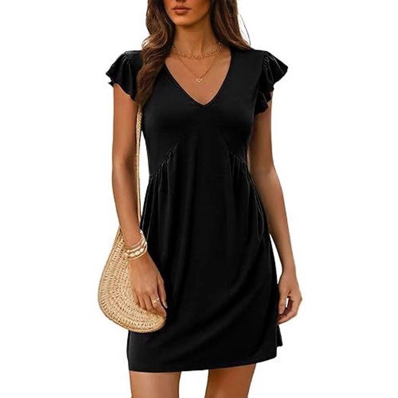 V-neck Flying Sleeve Solid Color Dress V-neck Ruffled Sleeve Pure Color Dress