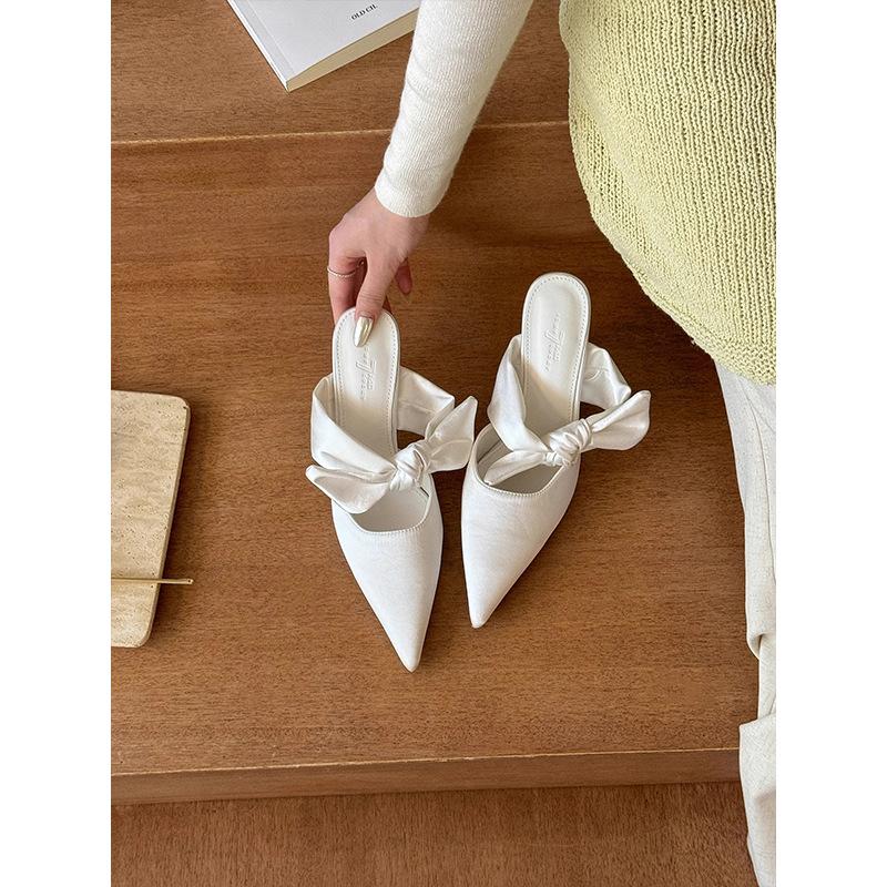 Niche Pointed Muller Sandals Bow Stilettos Women's 2025 Spring and Summer New French Bag Head Half Slippers