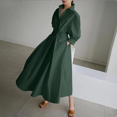 Spring Plus Size Women's Vintage Dresses Street Casual Autumn Coat Button Lapel Belt Swing Dress Solid Clothing
