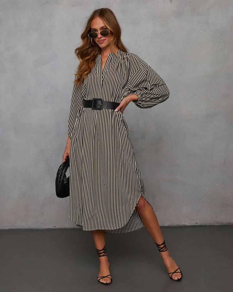 European and American Women's V-Neck Striped Belt Shirt Dress - Autumn 2025 Fashion