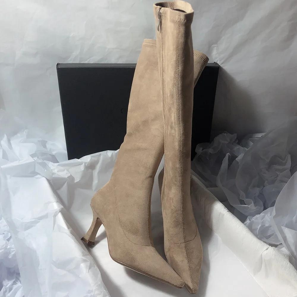 

New Pointed Toe Knee-High Boot Sexy Thigh High Boots Womens Side Zipper Suede Elastic High Heels Modern Shoe Zapatos De Mujer 35