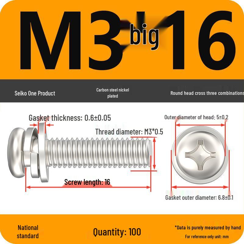 Nickel-Plated Phillips Pan Head Screw with Washer, M2-M6 Thread
