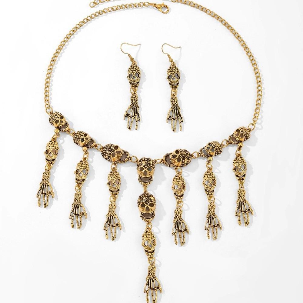 Halloween Skeleton Pendant Necklace And Earrings With Geometric Design For Women