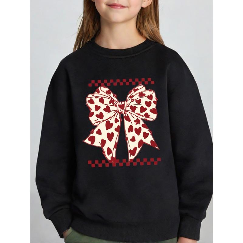 Kids Unisex Crewneck Sweatshirt, Red Heart Bow Checkerboard Print Long Sleeve Pullover, Soft Fleece Kids Sweatshirt For Boys Girls Over 4 Years Old