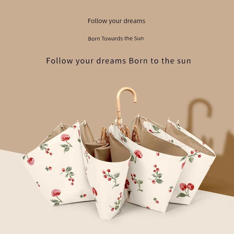 Zhisan Retro Cherry-Colored High-End Sun Protection Uv-Blocking Umbrella, Dual-Use for Sun and Rain, Foldable Sun Umbrella