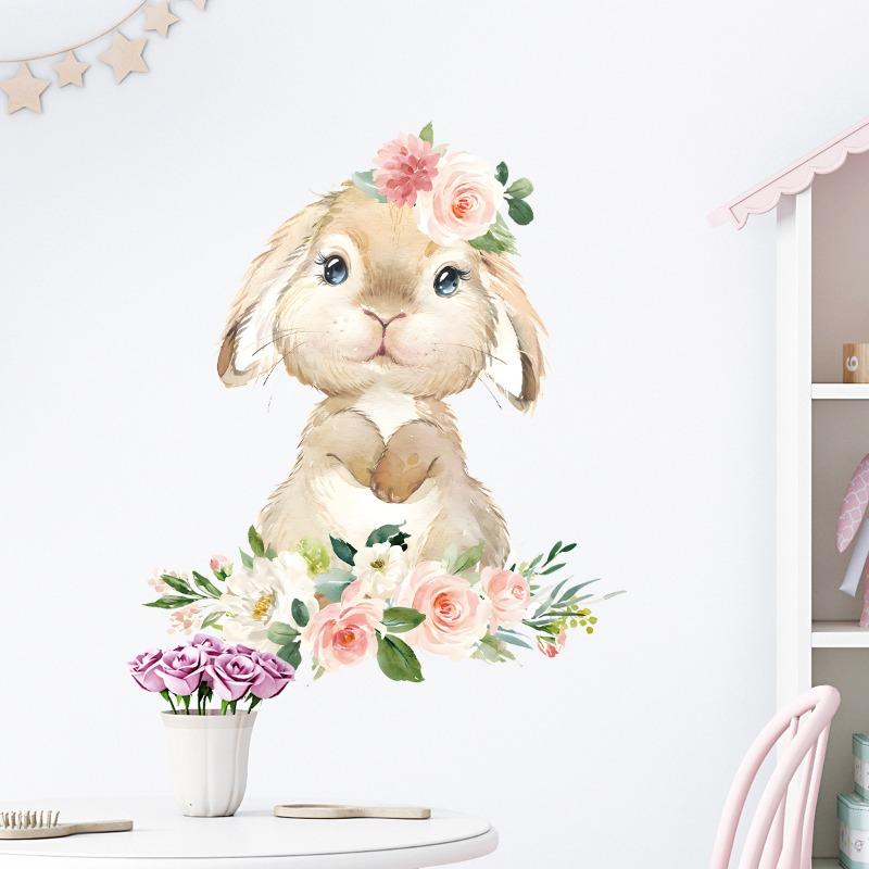 Cartoon Niedlicher Hase Blume Tier Wandaufkleber Abnehmbar für Schlafzimmer Wohnzimmer Kinderzimmer Hintergrund Dekoration Wandtattoos