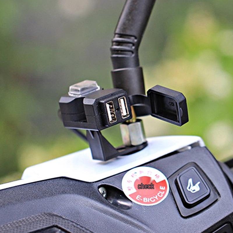 Slim Waist Dual-Port 12V USB Charger with Rearview Mirror & Handlebar Mount for Motorcycles
