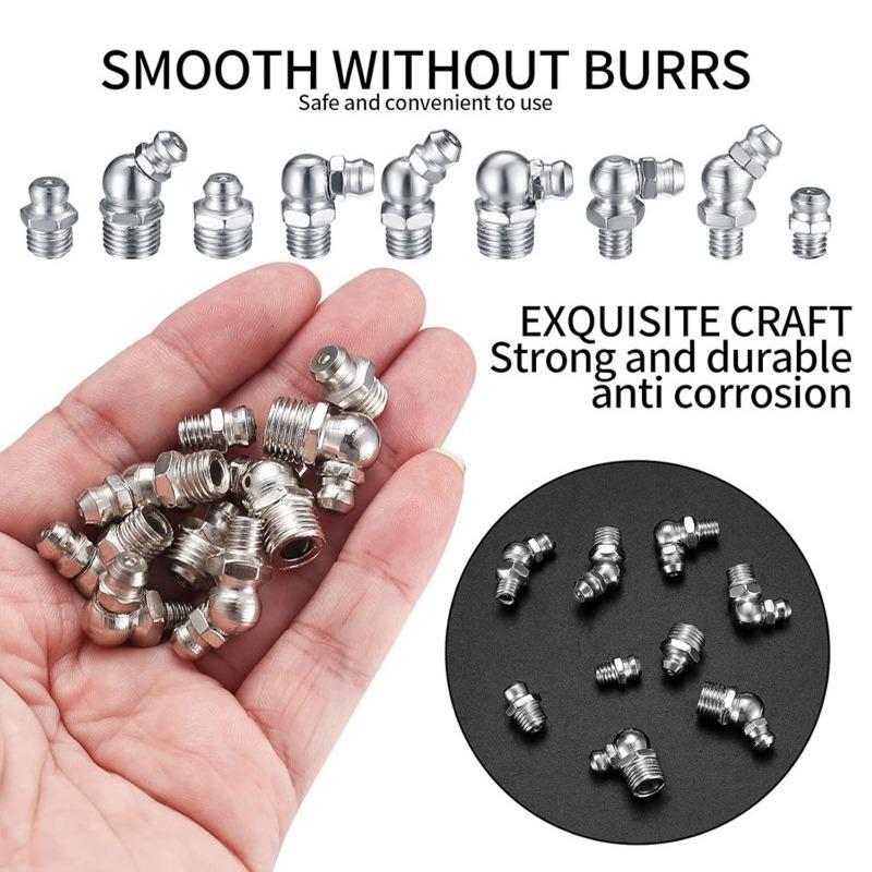 Metric Grease Nipple Kit Straight Zinc Plated Metal Grease Nipple with Storage Box Hydraulic Grease Nipple Coupler 45°/90° Angle