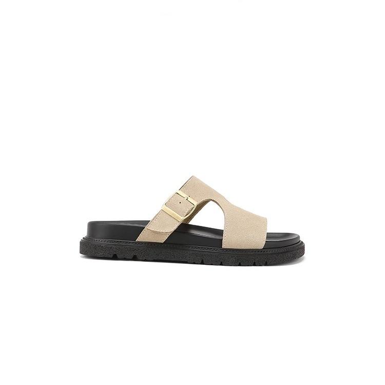 Cowhide version~ Beautiful buckle with thick-bottomed casual beach slippers for women's sandals to wear outside summer