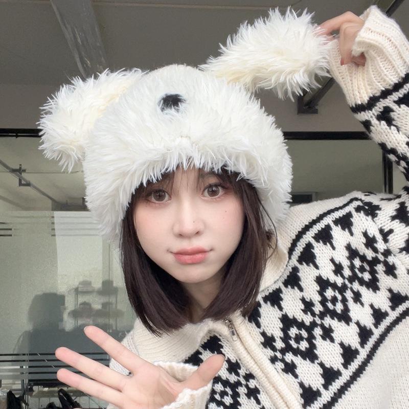 Cappello di lana a maglia con naso da cucciolo soffice e carino: Berretto Caldo Versatile da Donna per Autunno e Inverno