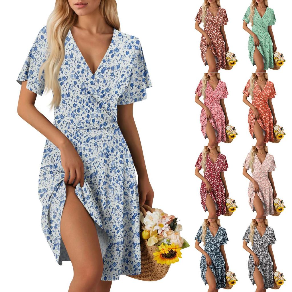 Women's Summer Dress Loose Beach Vacation Casual Deep V Neck Vest Dress Elegant Shirt Dress