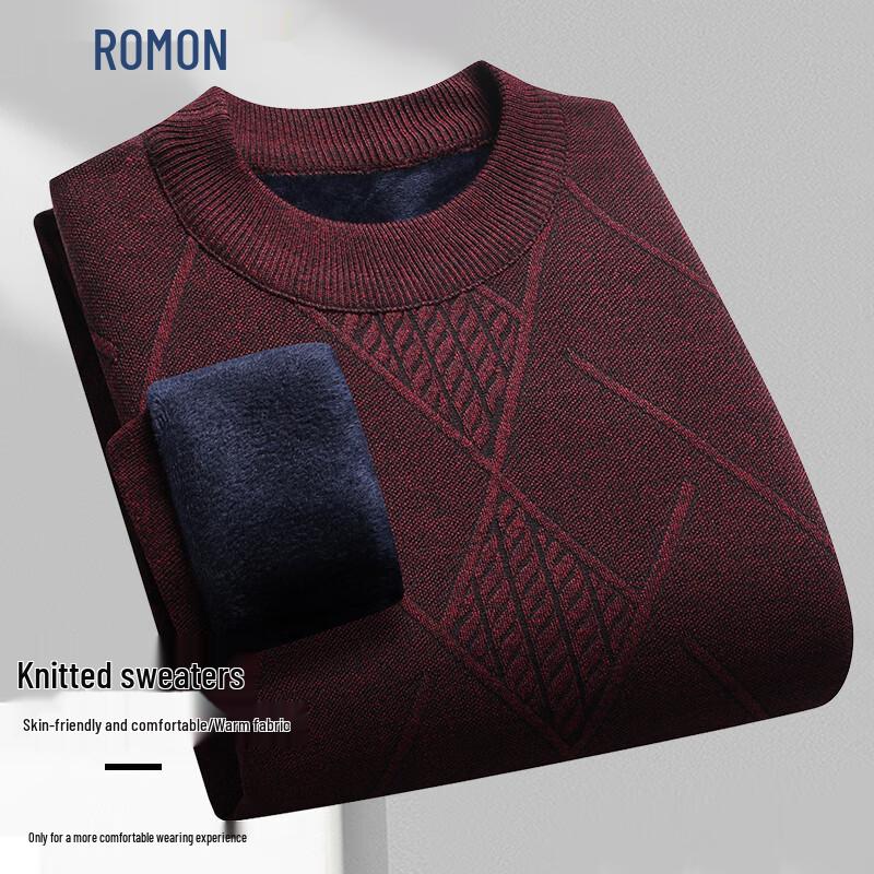 ROMON Men's Fleece Lined Round Neck Knit Sweater