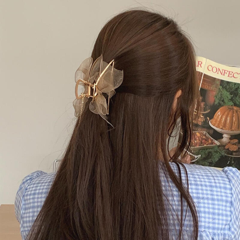 Chiffon Ribbon Twist Hair Clip Pearl Drop Metal Hairpin triangle_gray