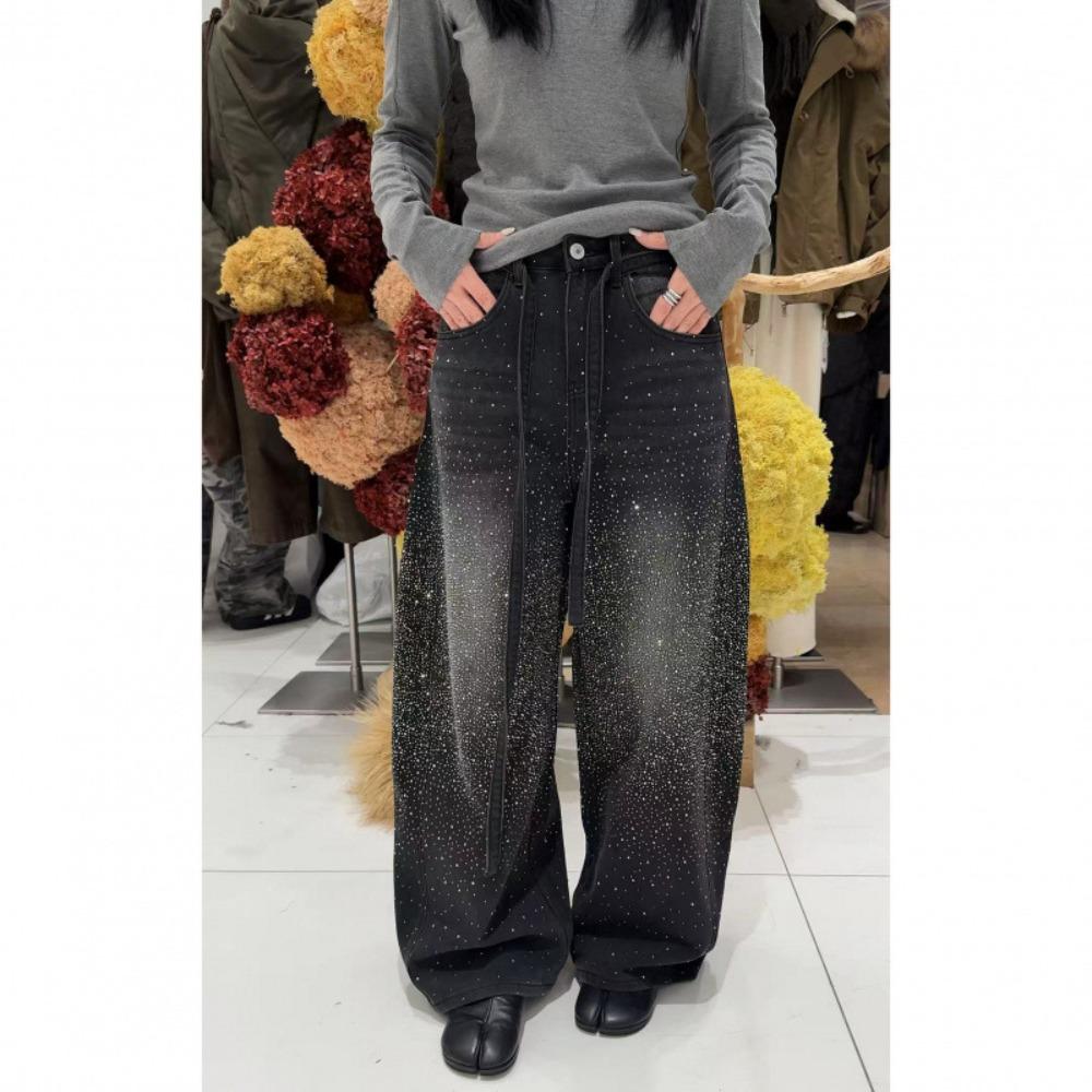 Women's High Waist Wide Leg Jeans Loose Fit Rhinestone Baggy Pants Spring Korean Streetwear Denim Trousers