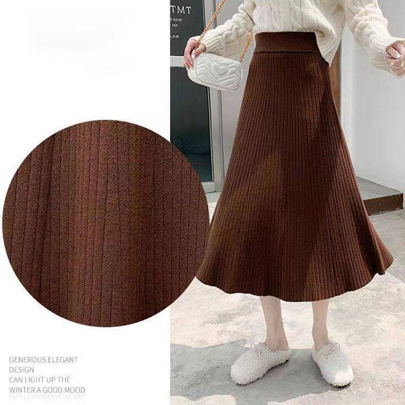 Autumn Winter Knitting Solid Color Pleated Skirt Female High Waist All-match Mid-length A-line Skirt