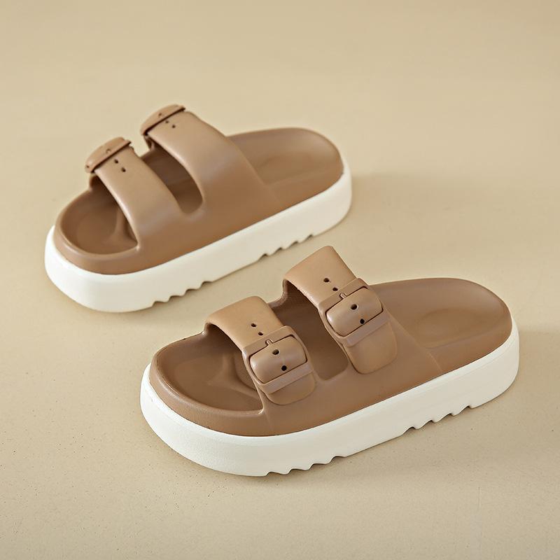 Thick Soled Height Increasing Slippers for Women In Summer, Two Tone Slippers for Outdoor Wear, Trendy Beach Anti Slip, Double Button, Straight Drag
