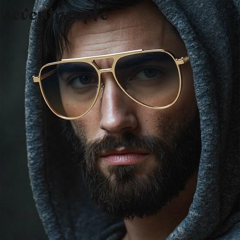 Steampunk Pilot Oval Sunglasses Men Luxury Brand Vintage Punk Metal Outdoor Sun Glasses For Male Trendy Double Beam Shades