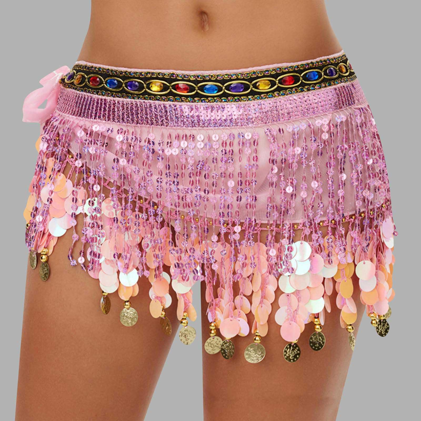 

Women s High Waisted Sexy Sequined Half Skirt Waist Accessories Sequined Belly Dance Waist Scarf One Size розовый