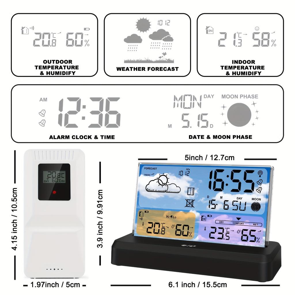 Digitale Wetterstation mit Außensensor Innen-Außen-Thermometer Hygrometer Atomuhr Wettervorhersage Mondphase Luftdruck