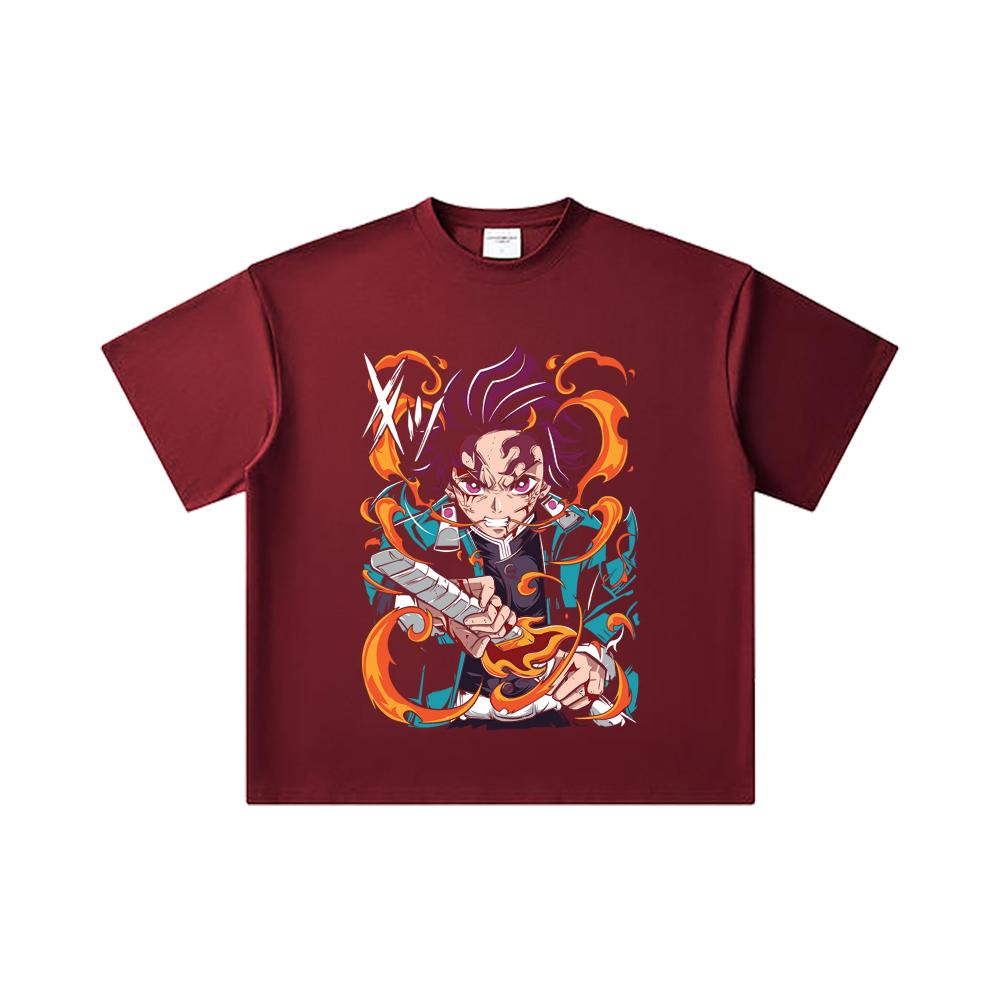 260 GSM Double Yarn 32 Count 100% Cotton Demon Slayer V64 Tanjiro Fire Breathing Print Unisex Heavy Cotton T Shirt