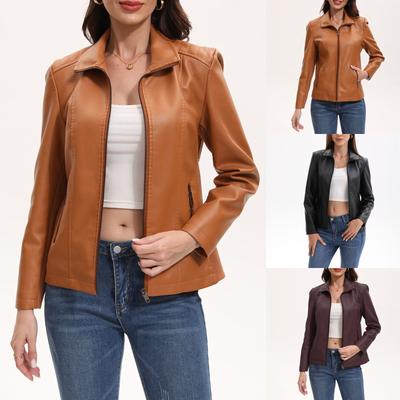 Ladies Fashion Casual Solid Color Outdoor Leather Jacket Short Coat