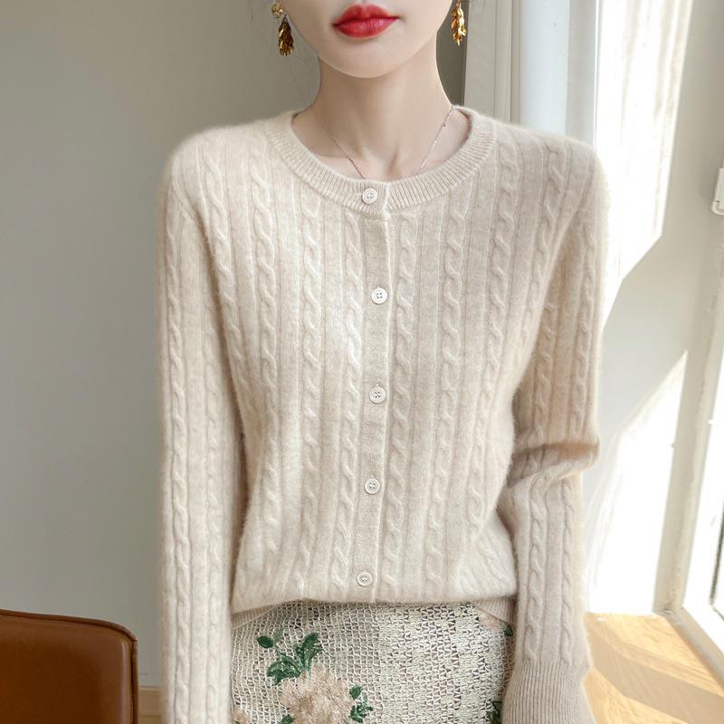 White Cable Knit Cardigan Coat - Women's Korean Slim Fit, Autumn Long Sleeve Sweater