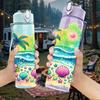 1PC Tropical Beach Palm Starfish Print 750ml Color Plastic Sports Water Bottle Leakproof Flip Straw Lid Suitable for Sports Office Home Use