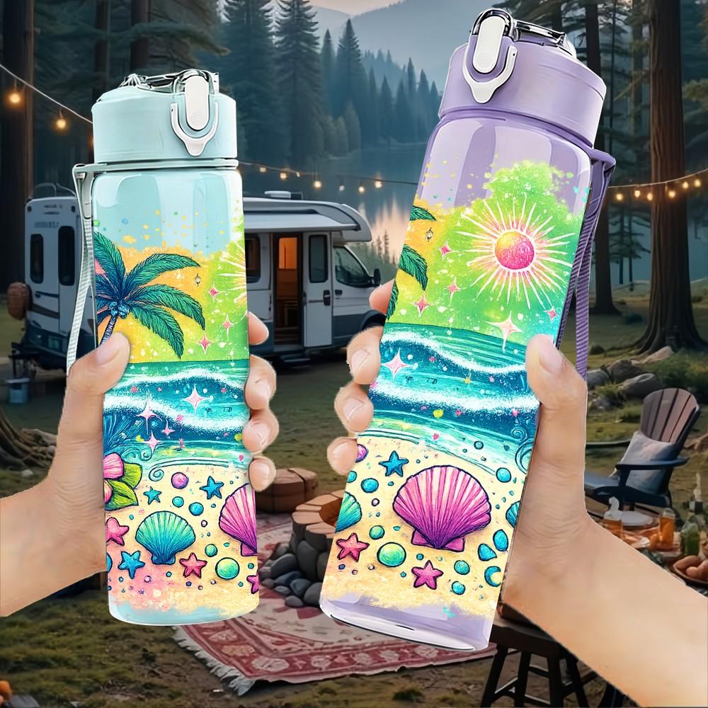 1PC Tropical Beach Palm Starfish Print 750ml Color Plastic Sports Water Bottle Leakproof Flip Straw Lid Suitable for Sports Office Home Use