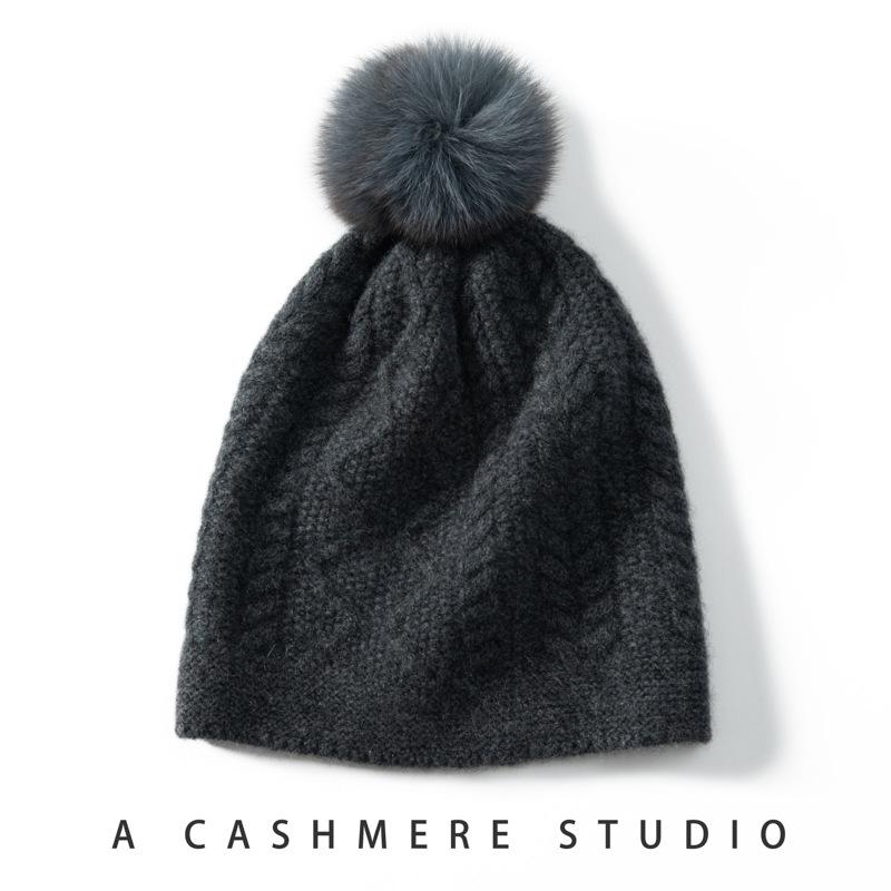 Women's 100% Pure Cashmere Cable Knit Hat with Pom-Pom, Ear Protection, Retro Style, Autumn/Winter