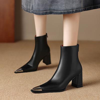 Fashion 2025 NEW Autumn Women Boots Split Leather Square Heel Women Shoes Pointed Toe High Heel Mid-calf Modern Boots