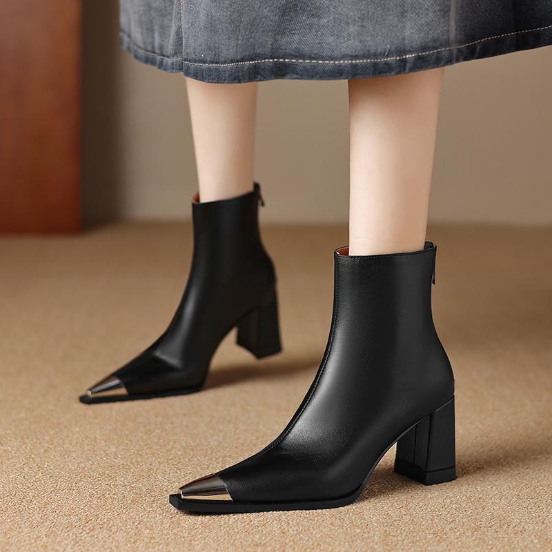 Fashion 2025 NEW Autumn Women Boots Split Leather Square Heel Women Shoes Pointed Toe High Heel Mid-calf Modern Boots